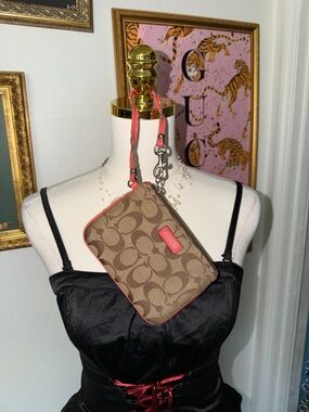 Coach Brown Signature Canvas Wristlet with Pink Trim